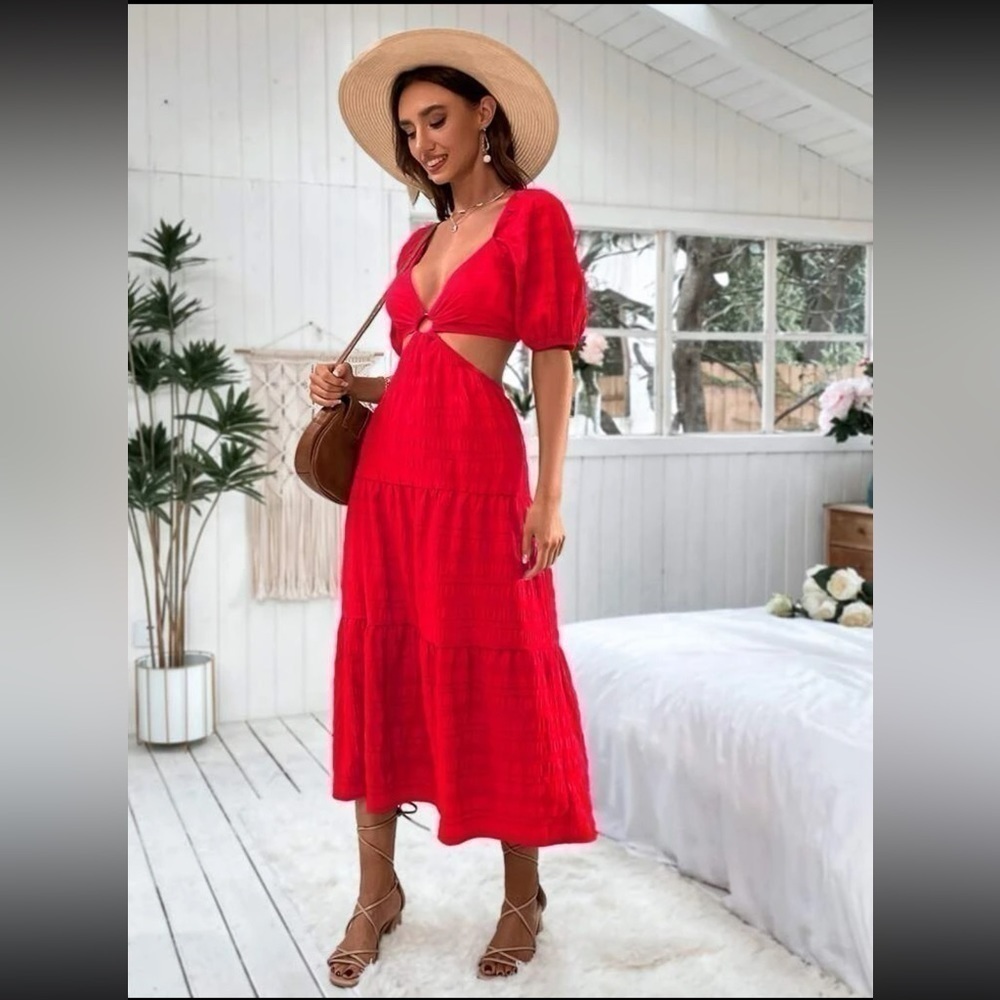 Chi fit red open back cut out midi dress‎ size medium
